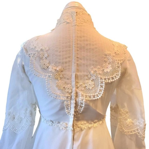 Vintage 70s Prairie Lace Wedding Dress Edwardian Victorian Pioneer Sheer Puff - Picture 5 of 16